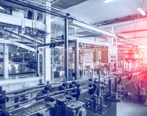Industrial factory equipment in blue color with red light, conveyor line and steel tools, industry background, toned